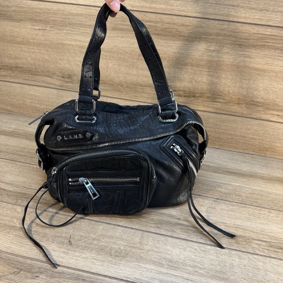 L.A.M.B. Gwen Stefani Black Leather Satchel Handbag‎ Zippers Purse - Picture 2 of 10